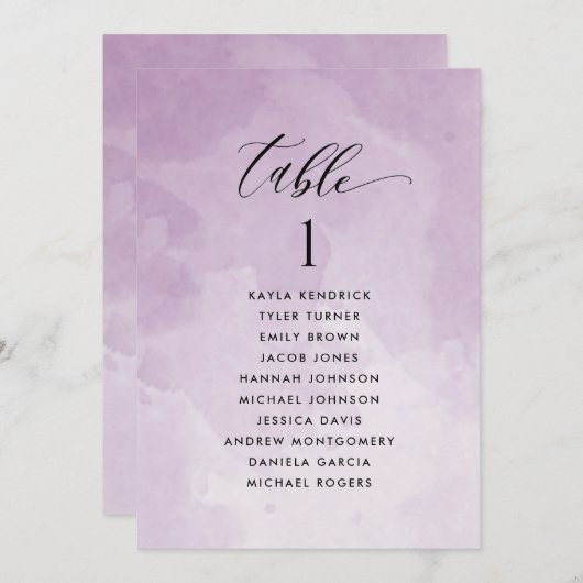 紫色の水彩座席計画カード（ゲスト名あり） (正面/裏面)