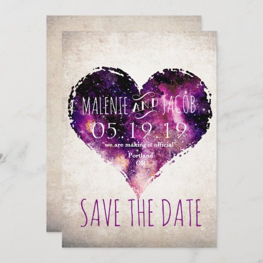 紫色の水彩星空のハート日付を保存 セーブザデート (正面/裏面)