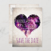 紫色の水彩星空のハート日付を保存 案内ポストカード (正面/裏面)