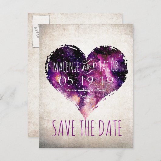 紫色の水彩星空のハート日付を保存 案内ポストカード (正面/裏面)