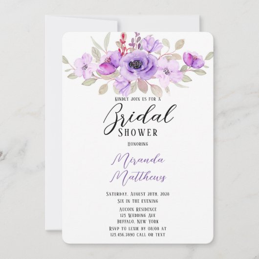 紫色の水彩牡丹の花ブライダルシャワー 招待状 (正面)