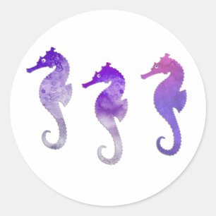 紫色の水彩画のタツノオトシゴ ラウンドシール