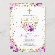 紫色の水彩画の最初聖餐式の招待状