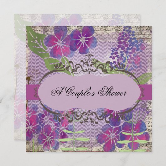紫色の水彩画の花のカップルのシャワーの招待 招待状 (正面/裏面)
