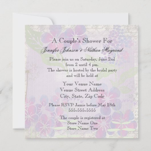 紫色の水彩画の花のカップルのシャワーの招待 招待状 (裏面)