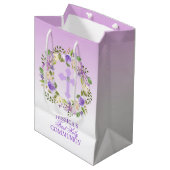 紫色の水彩画の花の女の子の最初聖餐式 ミディアムペーパーバッグ (正面アングル)
