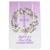 紫色の水彩画の花の女の子の最初聖餐式 ミディアムペーパーバッグ (裏面)