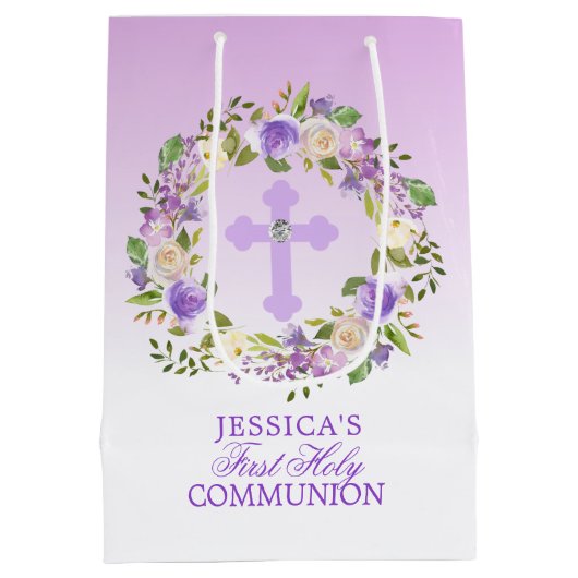 紫色の水彩画の花の女の子の最初聖餐式 ミディアムペーパーバッグ (裏面)