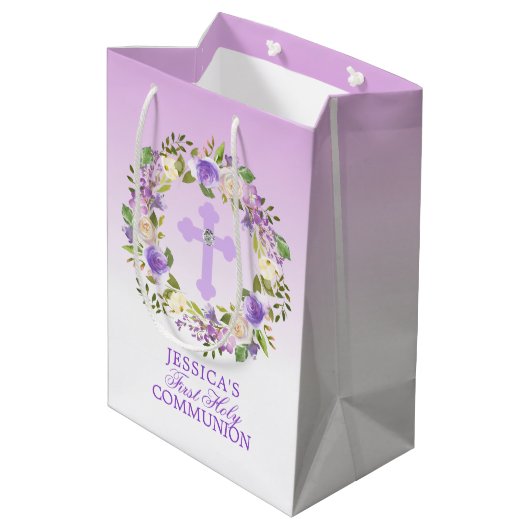 紫色の水彩画の花の女の子の最初聖餐式 ミディアムペーパーバッグ (裏面アングル)