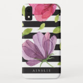 紫色の水彩画の花の黒のストライプパターン Case-Mate iPhoneケース (裏面)