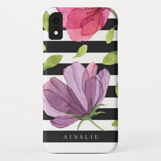 紫色の水彩画の花の黒のストライプパターン Case-Mate iPhoneケース (裏面)
