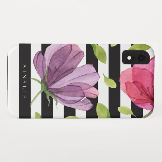 紫色の水彩画の花の黒のストライプパターン Case-Mate iPhoneケース (裏面(横))