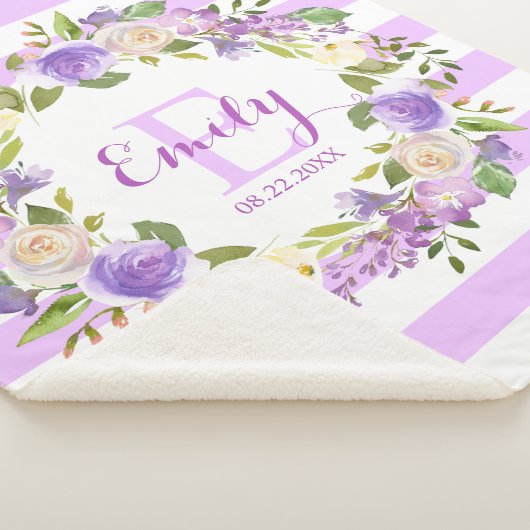 紫色の水彩画の花柄のストライプな女の子の子供部屋のベビー シェルパブランケット (3/4)