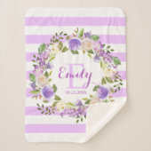 紫色の水彩画の花柄のストライプな女の子の子供部屋のベビー シェルパブランケット (正面)