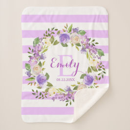 紫色の水彩画の花柄のストライプな女の子の子供部屋のベビー シェルパブランケット