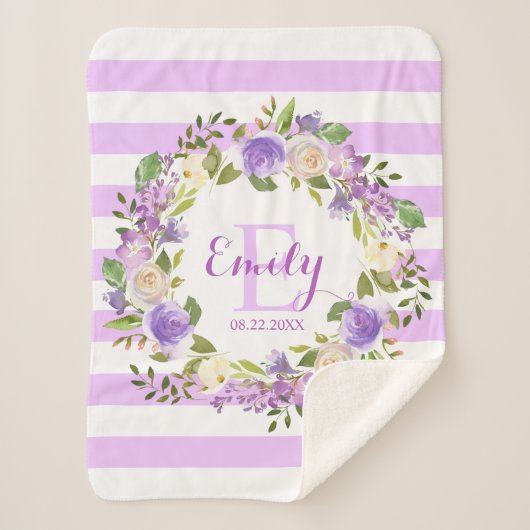 紫色の水彩画の花柄のストライプな女の子の子供部屋のベビー シェルパブランケット (正面)