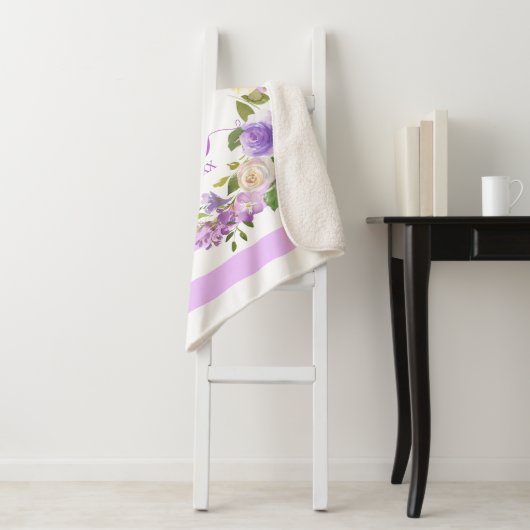 紫色の水彩画の花柄のストライプな女の子の子供部屋のベビー シェルパブランケット (インサイチュ)