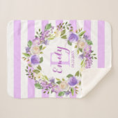 紫色の水彩画の花柄のストライプな女の子の子供部屋のベビー シェルパブランケット (正面(横))