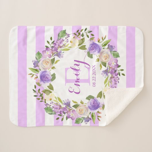 紫色の水彩画の花柄のストライプな女の子の子供部屋のベビー シェルパブランケット (正面(横))