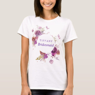紫色の水彩画の花柄の新婦付添人 Tシャツ