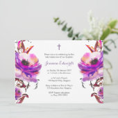 紫色の水彩画の花柄の最初聖餐 招待状 (スタンド正面)