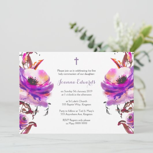紫色の水彩画の花柄の最初聖餐 招待状 (スタンド正面)
