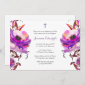紫色の水彩画の花柄の最初聖餐 招待状 (正面/裏面)