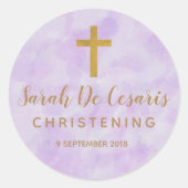 紫色の水彩画の金ゴールドの十字の《キリスト教》洗礼式や命名式のステッカー ラウンドシール (正面)