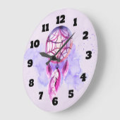 紫色の水彩画の（ばちゃばちゃ）跳ねるのピンクのDreamcatcher ラージ壁時計 (傾斜)