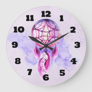 紫色の水彩画の(ばちゃばちゃ)跳ねるのピンクのDreamcatcher ラージ壁時計