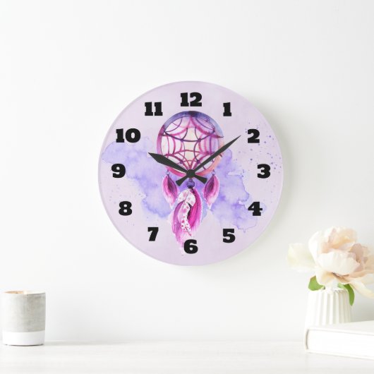 紫色の水彩画の（ばちゃばちゃ）跳ねるのピンクのDreamcatcher ラージ壁時計 (ホーム)