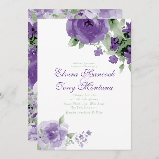 紫色の水彩画は、結婚式招待状上がりました 招待状 (正面/裏面)