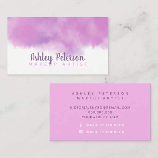 紫色の水彩画ブラシストローク化粧のタイポグラフィ 名刺 (正面/裏面)