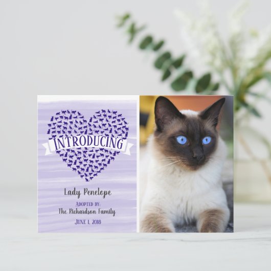 紫色の水彩画猫のハートペット写真の発表 案内状 (スタンド正面)