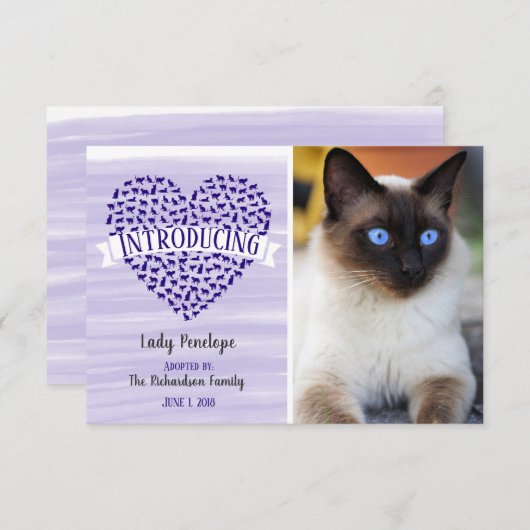 紫色の水彩画猫のハートペット写真の発表 案内状 (正面/裏面)