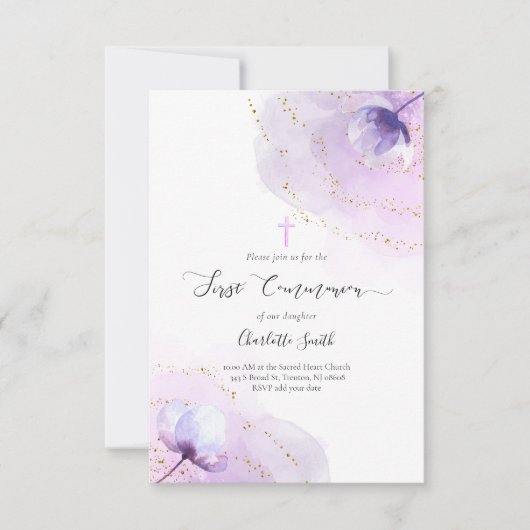紫色の水彩第一聖餐式 招待状 (正面)