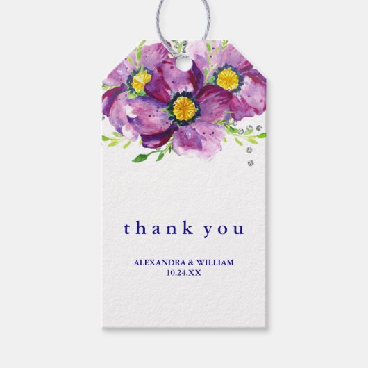 紫色の水彩花とグリッター結婚ズ ギフトタグ (正面)
