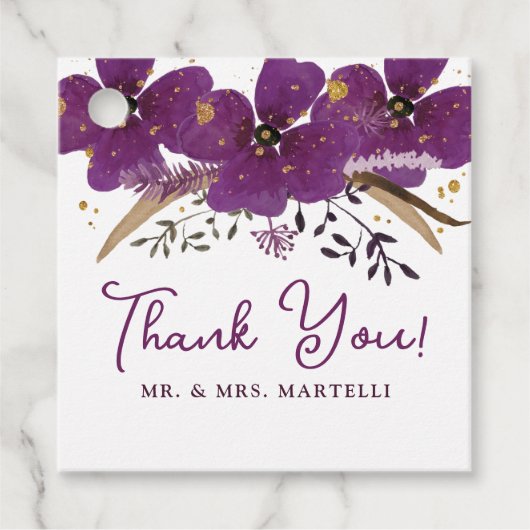 紫色の水彩花と金ゴールドグリッター フェイバータグ (正面)