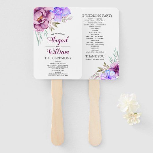 紫色の水彩花フローラ結婚式プログラム ハンドファン (正面&裏面)