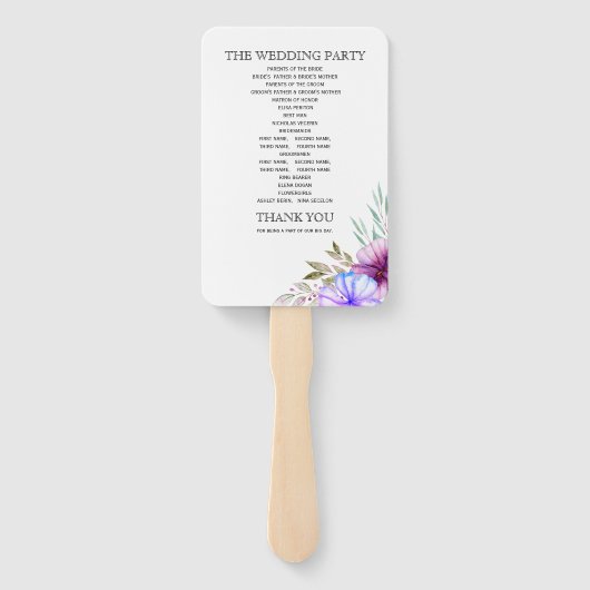 紫色の水彩花フローラ結婚式プログラム ハンドファン (裏面)