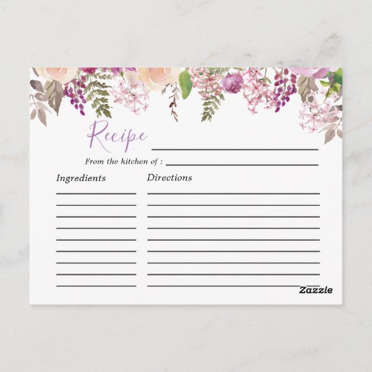 紫色の水彩花ブライダルシャワーレシピカード ポストカード (裏面)
