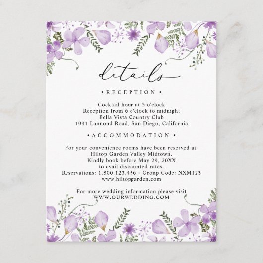 紫色の水彩花結婚の詳細 エンクロージャーカード (正面)