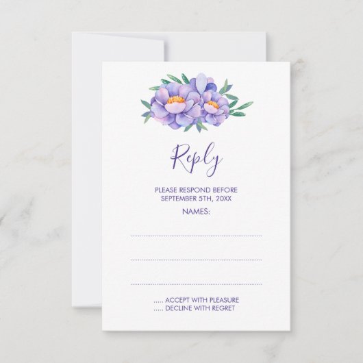紫色の水彩花結婚の返信カード 出欠カード (正面)