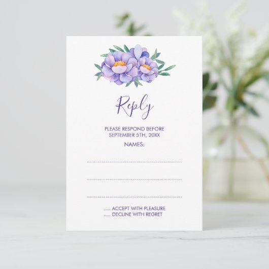 紫色の水彩花結婚の返信カード 出欠カード (スタンド正面)