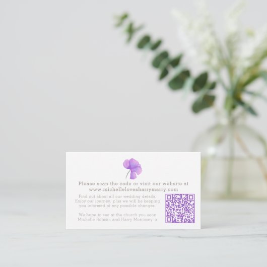 紫色の水彩花結婚のQR情報 エンクロージャーカード (スタンド正面)