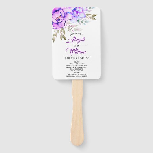紫色の水彩花結婚式プログラムハンドファン ハンドファン (正面)
