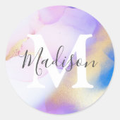 紫色の水彩釉薬名パーソナライズされたモノグラム ラウンドシール (正面)