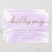 紫色の水彩金ゴールド誕生日パーティーへの招待 招待状 (正面/裏面)