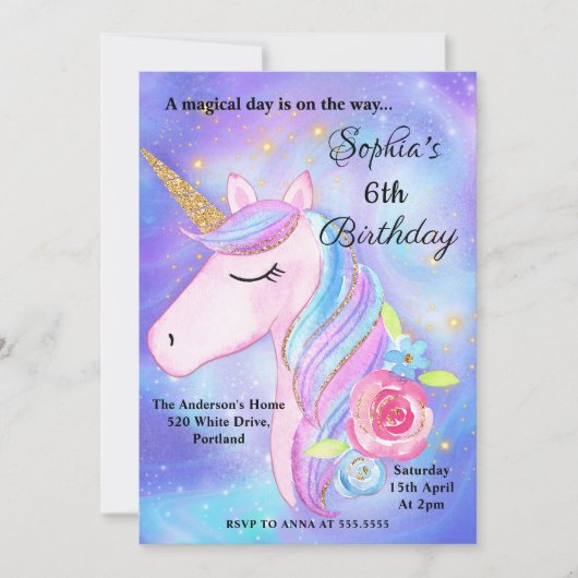 紫色の水彩魔法のユニコーン誕生日パーティー 招待状 (正面)