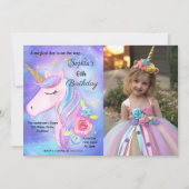 紫色の水彩魔法のユニコーン誕生日写真 招待状 (正面)